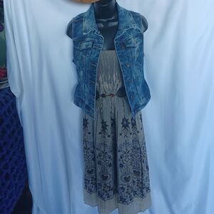 Festival Vibes Bohemian, 4 Pc Outfit W/Brown Dress, Jean Vest, Belt & Floppy Hat